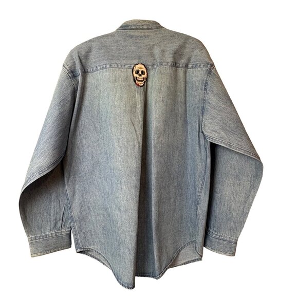 Denim Button-Up Shirt Skull Rose Pocket Design Mens Large Skull Buttons Vintage - Picture 3 of 8